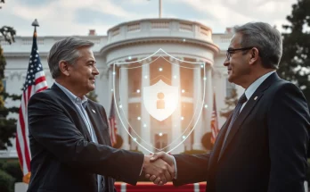 White House and Anthropic leaders meet to discuss Mythos AI cybersecurity concerns with flags and shield backdrop