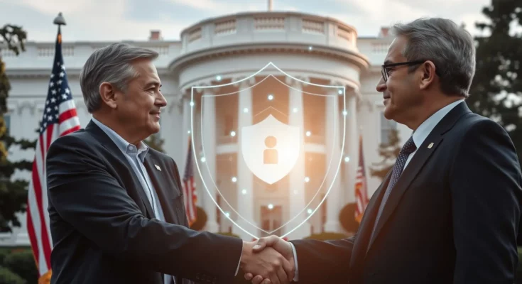 White House and Anthropic leaders meet to discuss Mythos AI cybersecurity concerns with flags and shield backdrop