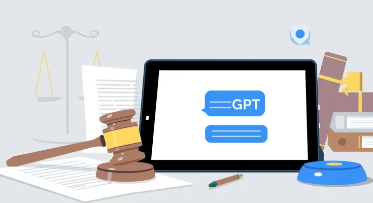 AI ChatGPT interface with legal documents and judge's gavel, illustrating legal boundaries and AI responsibility