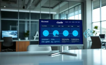 Professional Claude AI dashboard in enterprise office showing workflow automation