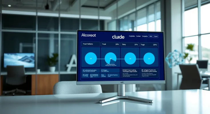 Professional Claude AI dashboard in enterprise office showing workflow automation
