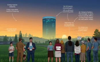 Illustration of a data center near a rural town with locals debating its impact, showing environmental and community concerns