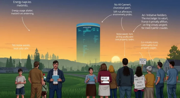 Illustration of a data center near a rural town with locals debating its impact, showing environmental and community concerns
