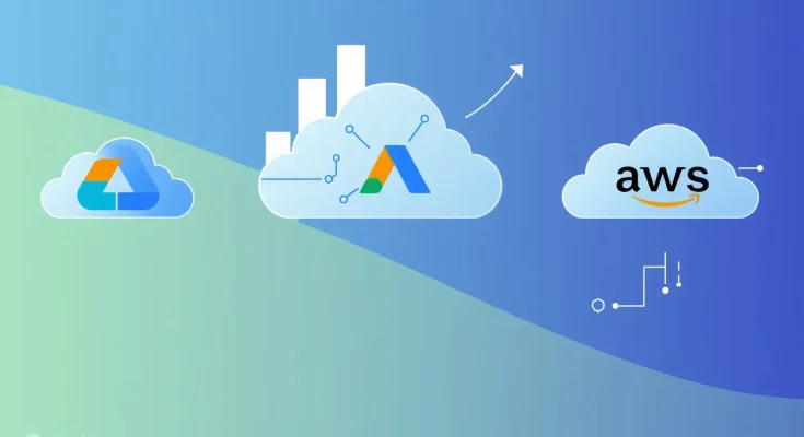 Illustration of Google Cloud leading a race of cloud icons against Azure and AWS, with AI circuitry symbols