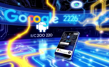 Futuristic Google I/O 2026 scene with Android 17 and Gemini AI elements, showing live stream on smartphone