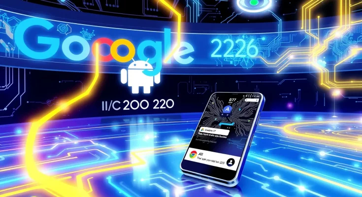 Futuristic Google I/O 2026 scene with Android 17 and Gemini AI elements, showing live stream on smartphone