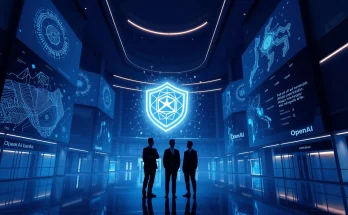 Futuristic Japanese bank hall with AI shield and OpenAI logo symbolizing cyber defense partnership