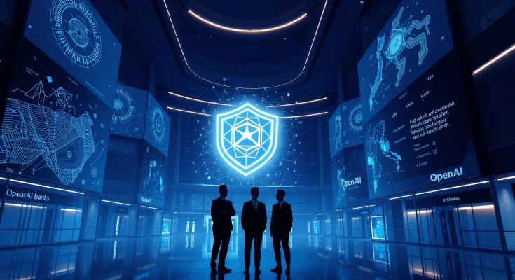 Futuristic Japanese bank hall with AI shield and OpenAI logo symbolizing cyber defense partnership