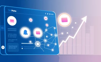 Meta AI driving Reels and advertising growth with social media interface and neural network visualization
