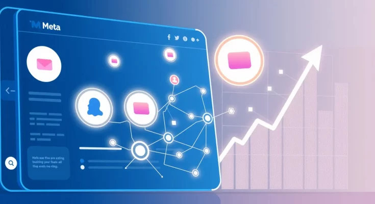 Meta AI driving Reels and advertising growth with social media interface and neural network visualization
