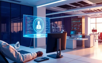 Microsoft agentic AI and vibe coding, AI hologram assistant, modern office, blue‑teal palette, professional vibe.