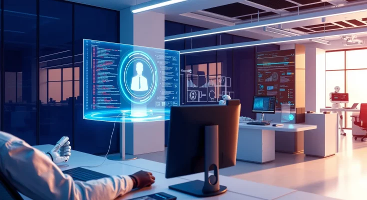 Microsoft agentic AI and vibe coding, AI hologram assistant, modern office, blue‑teal palette, professional vibe.