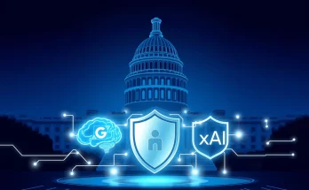 Futuristic AI model icons for Microsoft, Google and xAI linked to a government shield over the Capitol building, representing early AI security access.