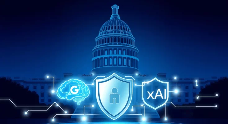 Futuristic AI model icons for Microsoft, Google and xAI linked to a government shield over the Capitol building, representing early AI security access.