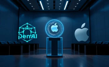 OpenAI logo confronting Apple logo in a courtroom scene, representing legal dispute over ChatGPT integration