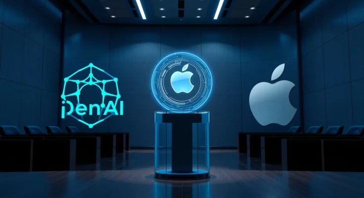 OpenAI logo confronting Apple logo in a courtroom scene, representing legal dispute over ChatGPT integration